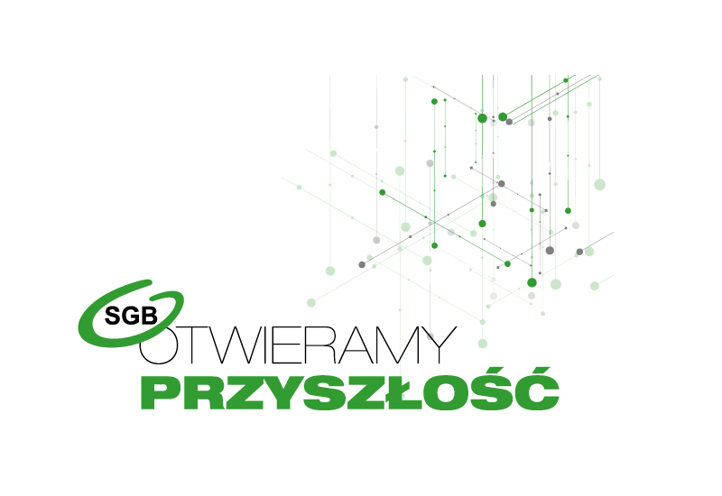 Logo SGB z napisem "Otwieramy Przyszłość" i graficznymi elementami w odcieniach zieleni i szarości.