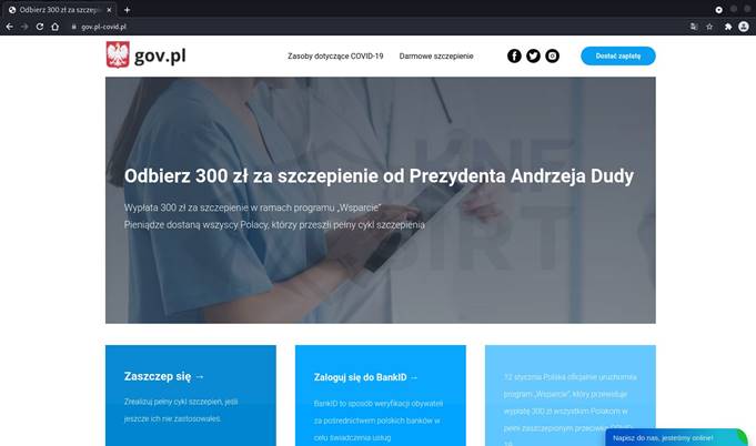 Strona rządowa promująca 300 zł wsparcia za szczepienie przeciw COVID-19 w Polsce.