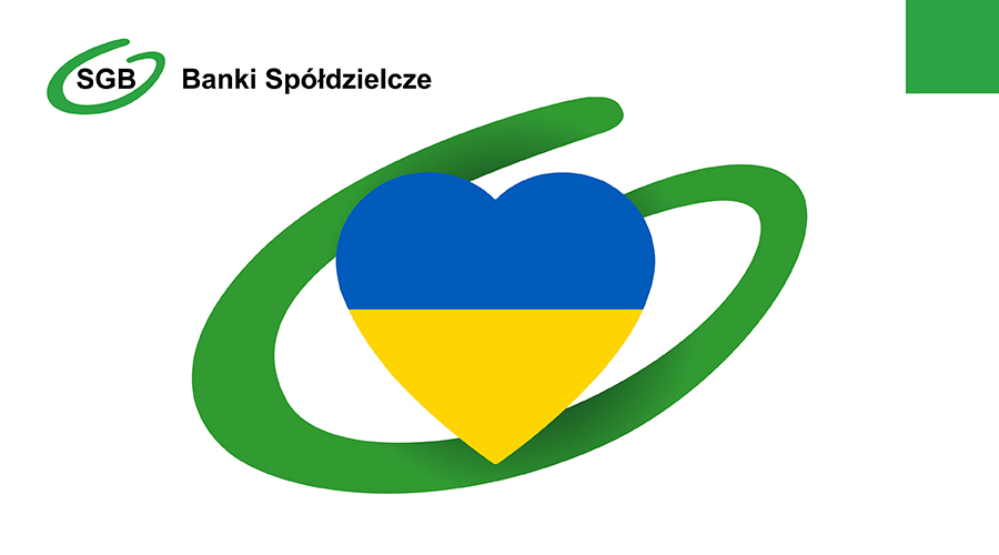 Logotyp SGB z sercem w kolorach Ukrainy, symbolizującym wsparcie i solidarność z narodem ukraińskim.