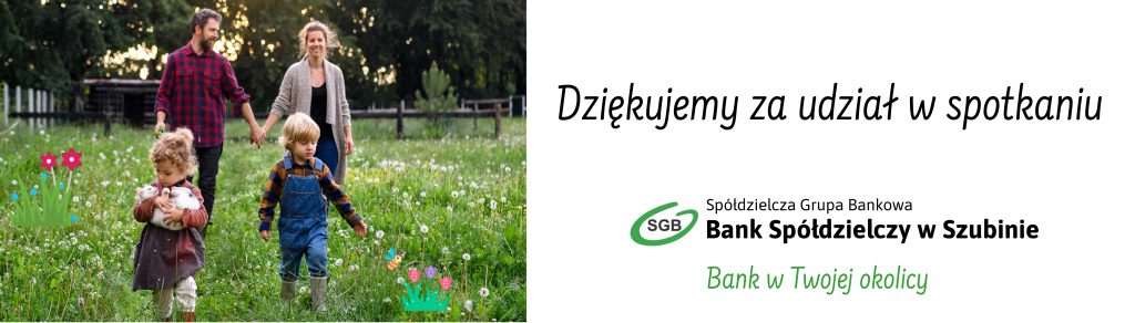 Rodzina spacerująca po łące, Napis: Dziękujemy za udział w spotkaniu. Bank SGB.