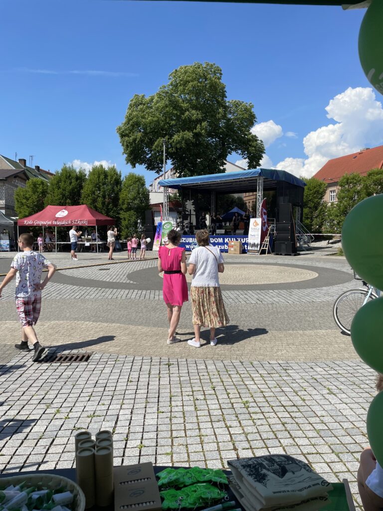 Festiwal w plenerze z występami na scenie, uczestnicy i stoiska w słoneczny dzień.