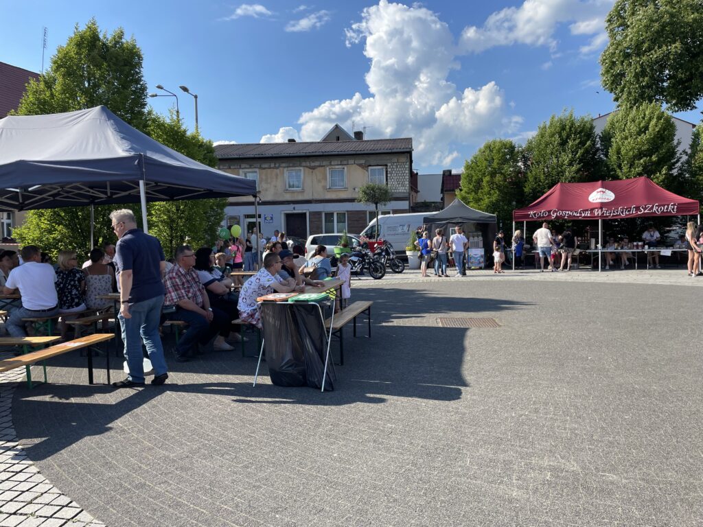 Tłum ludzi na festynie, stoiska z jedzeniem, namioty i słoneczna pogoda w małym miasteczku.