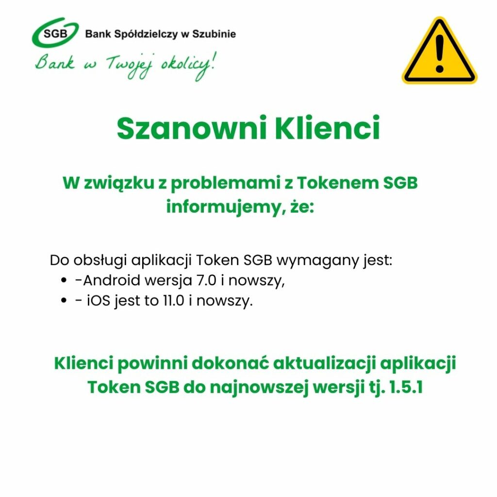 Zaktualizuj aplikację Token SGB do wersji 1.5.1, aby rozwiązać problemy z systemem Android i iOS.