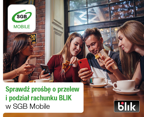 Grupa młodych ludzi korzystających z aplikacji mobilnej SGB