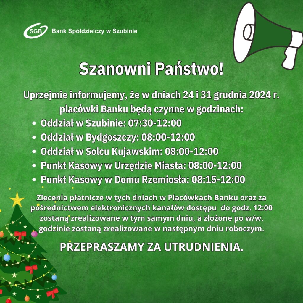 Informacja o godzinach otwarcia Banku Spółdzielczego w Szubinie 24 i 31 grudnia 2024 roku.
