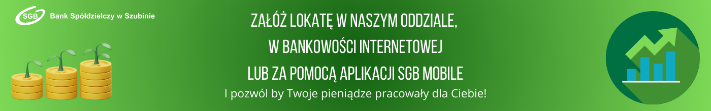 Grafika promująca zakładanie lokat w Banku Spółdzielczym SGB w Szubinie, z opcjami przez internet i aplikację mobilną.